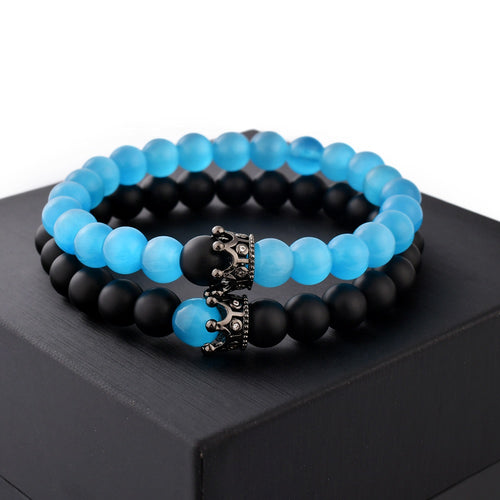 Blue Opal &amp; Black Frosted Agate Couple Bracelet Set