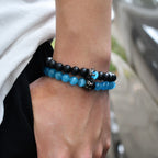 Blue Opal &amp; Black Frosted Agate Couple Bracelet Set