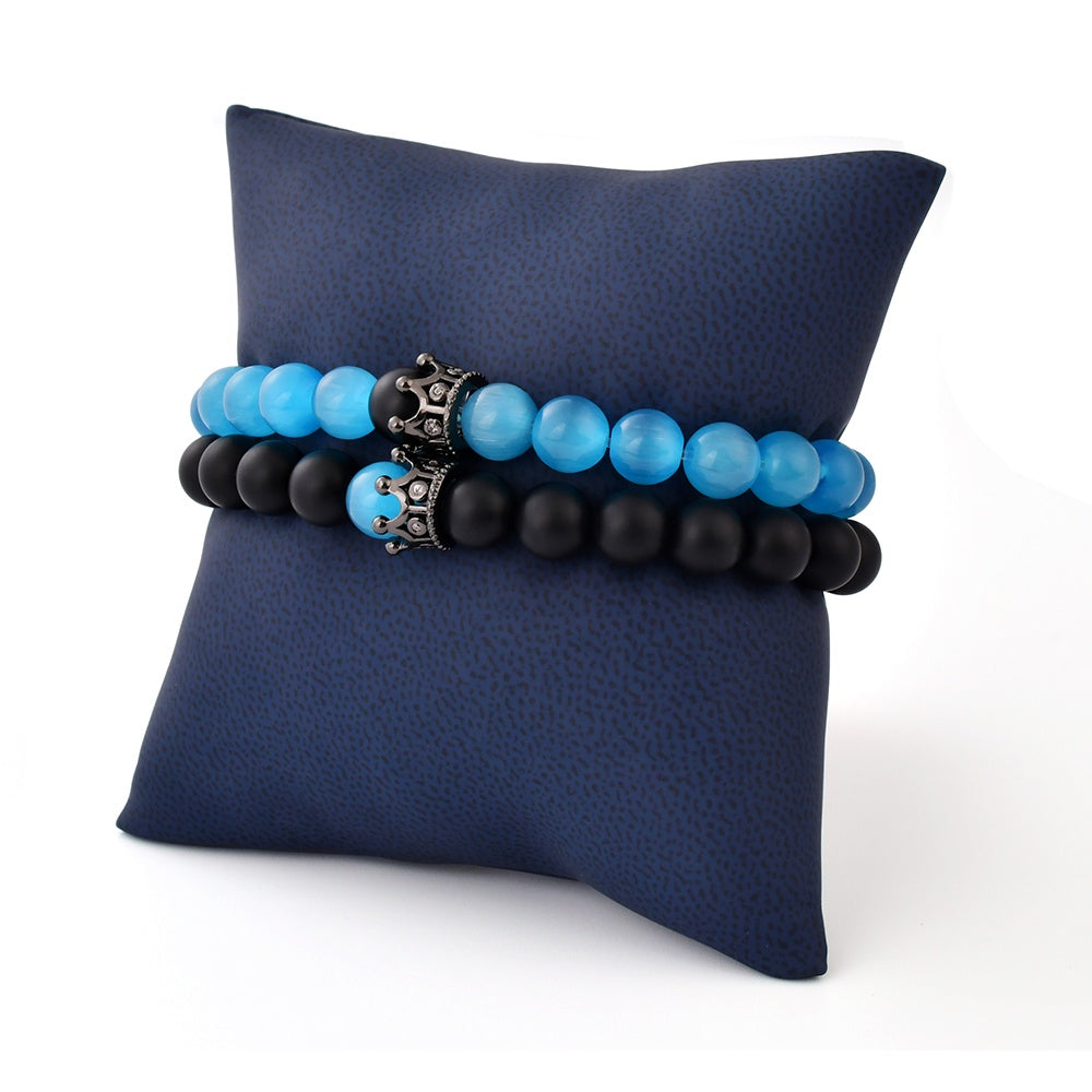 Blue Opal &amp; Black Frosted Agate Couple Bracelet Set
