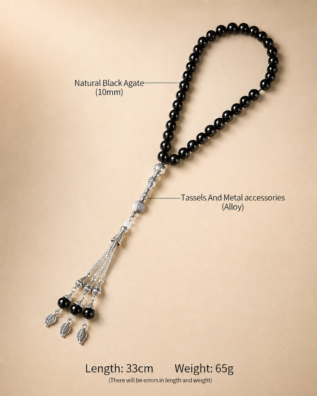 Natural Black Agate Tasbih – 10mm | 33 Beads