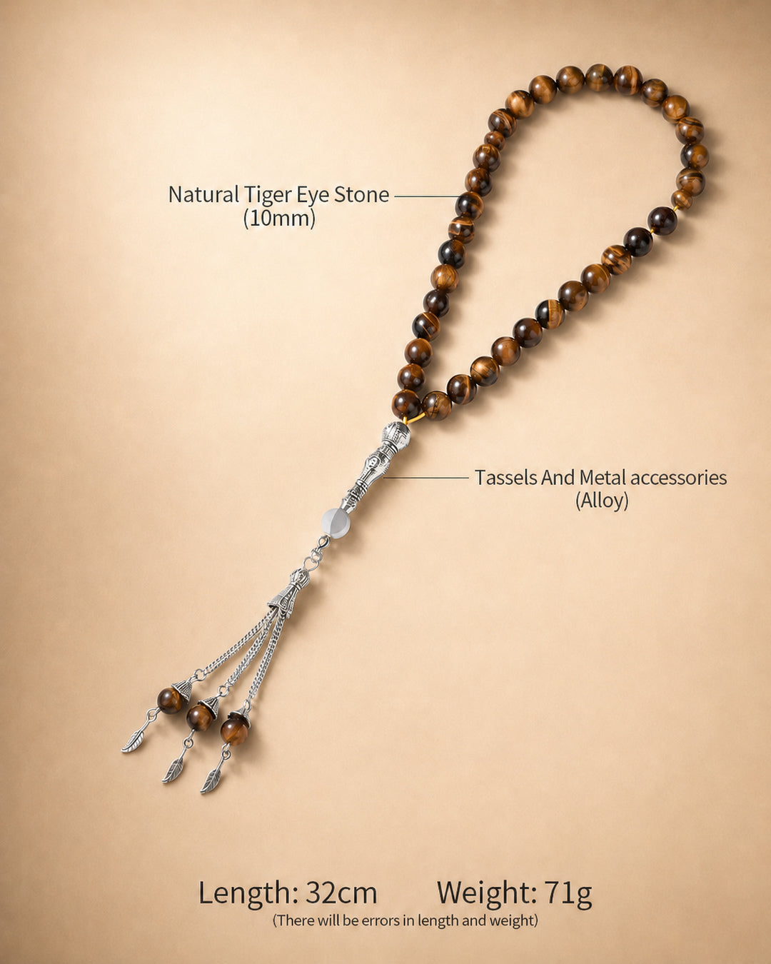 Natural Tiger Eye Tasbih – 10mm | 33 Beads