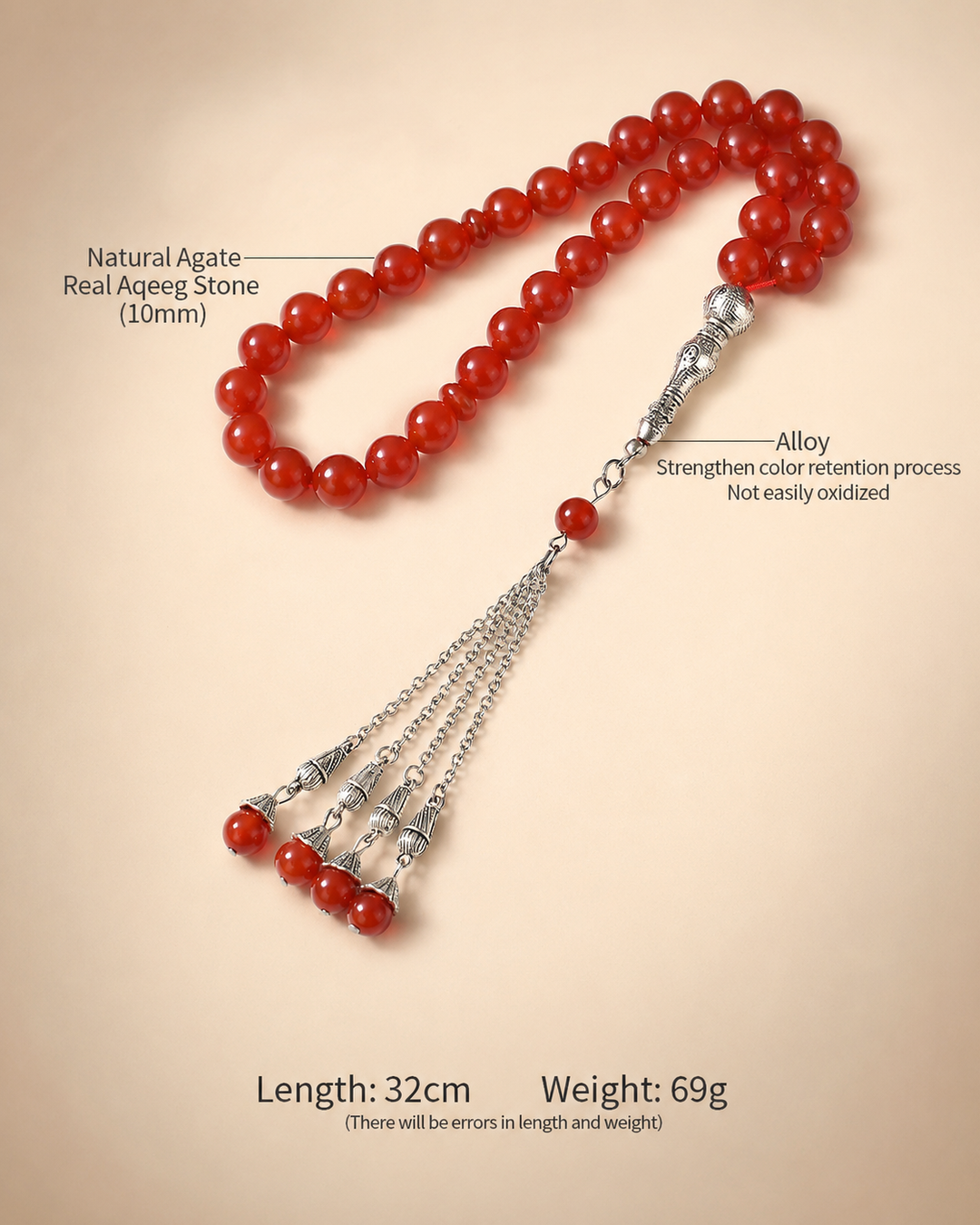 Yamani Red Real Aqeeq Stone Tasbih