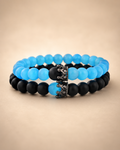 Blue Opal &amp; Black Frosted Agate Couple Bracelet Set