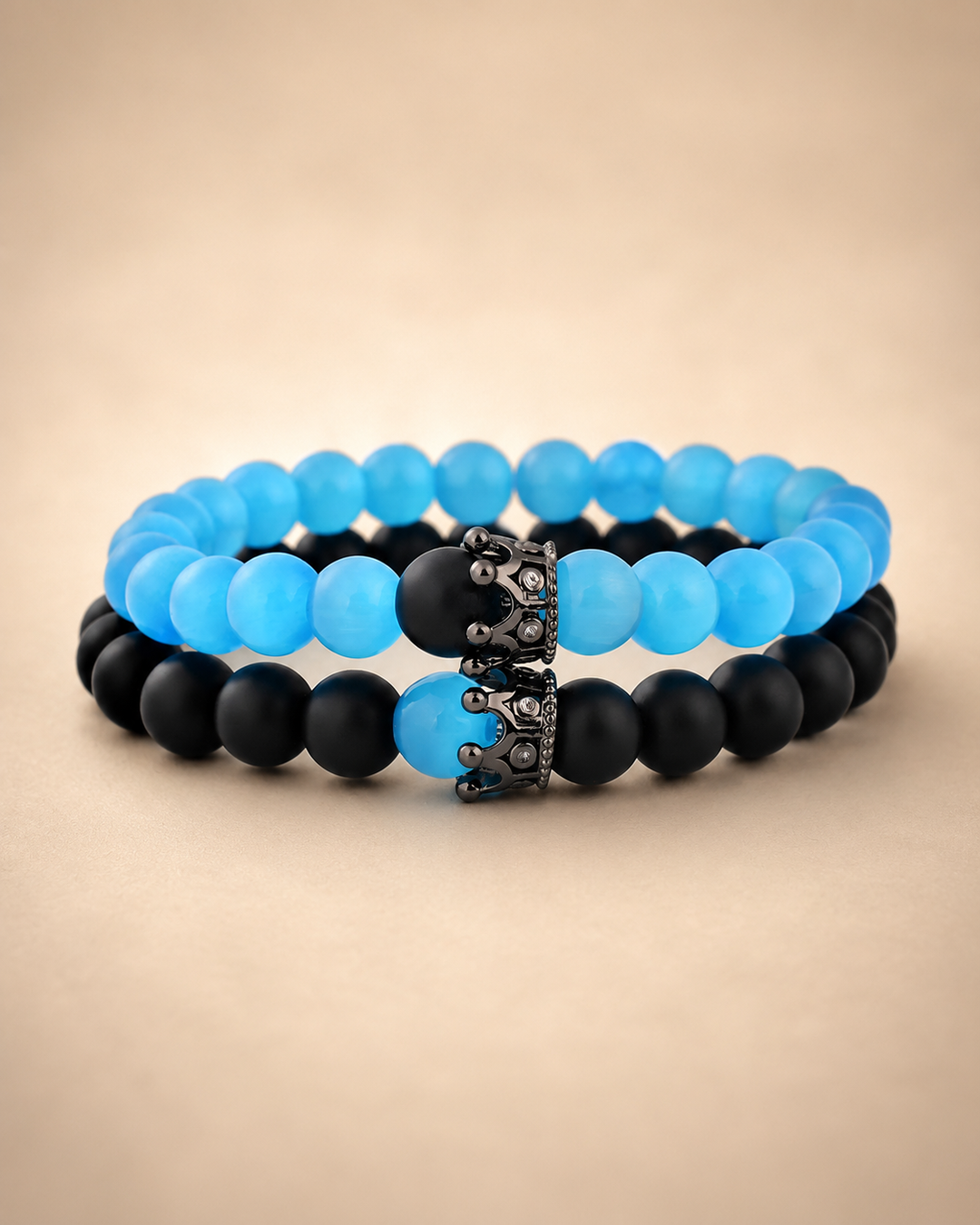 Blue Opal &amp; Black Frosted Agate Couple Bracelet Set