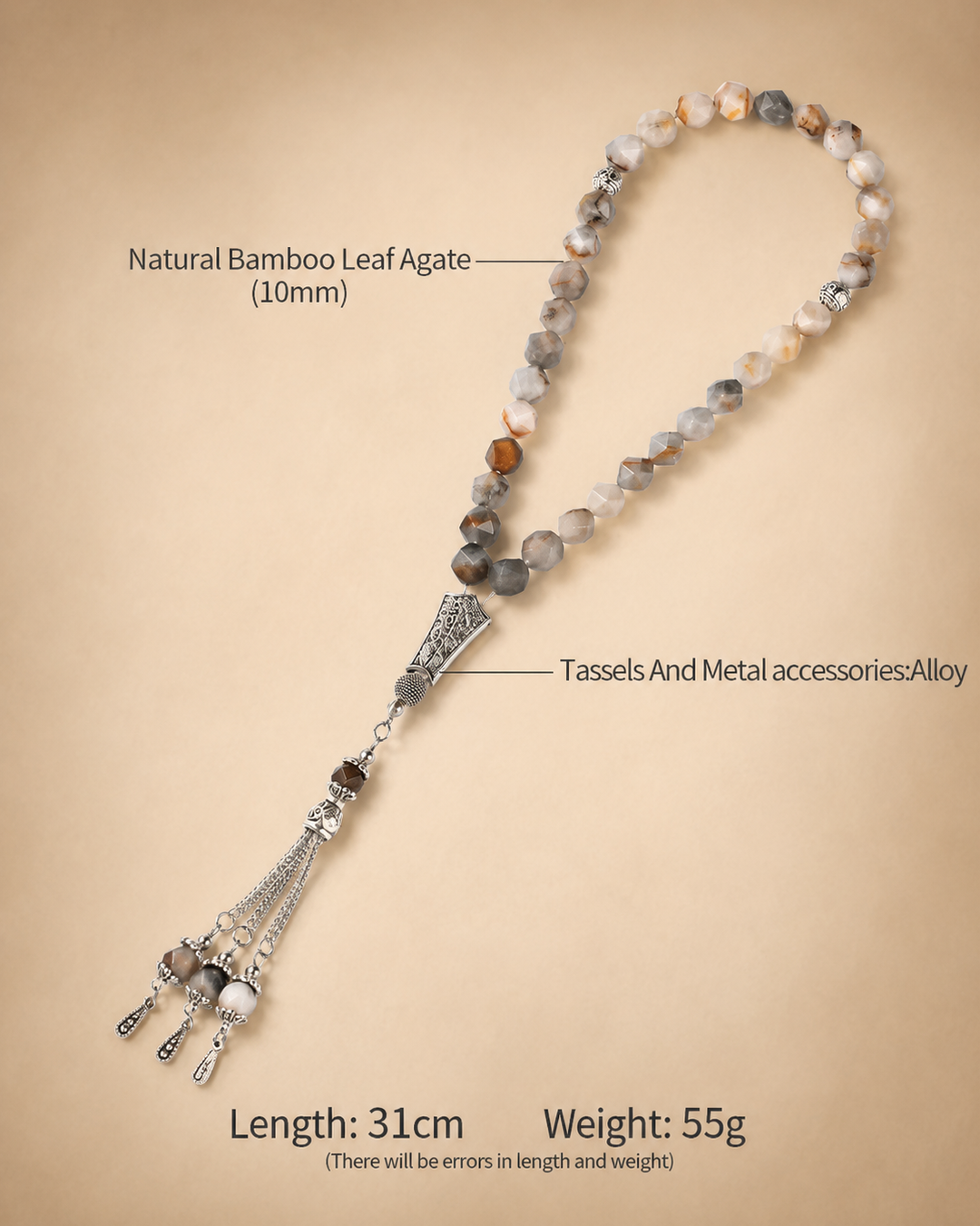Natural Bamboo Leaf Agate Stone Tasbih