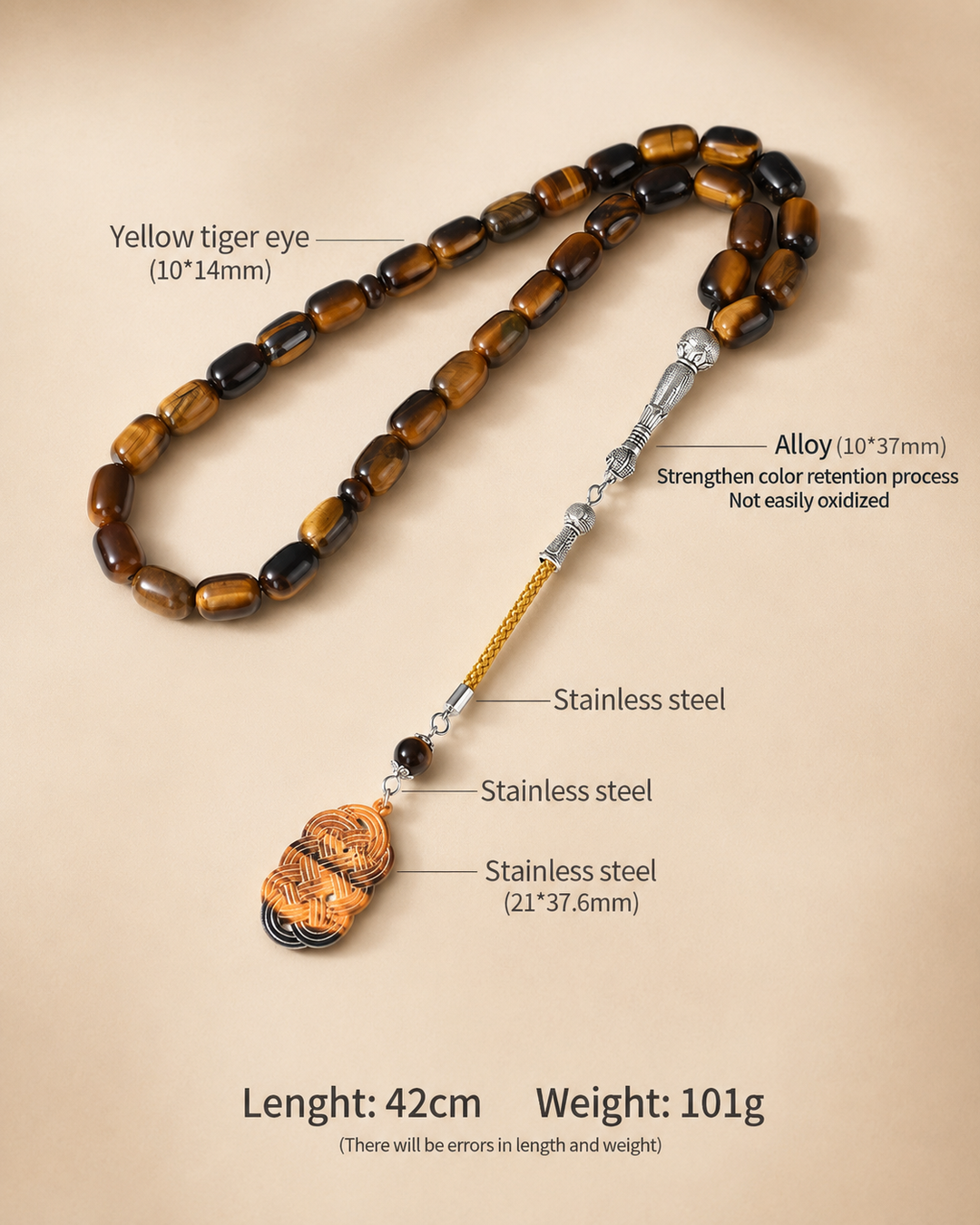 Yellow Tiger Eye Tasbih – 10×14mm | 33 Beads