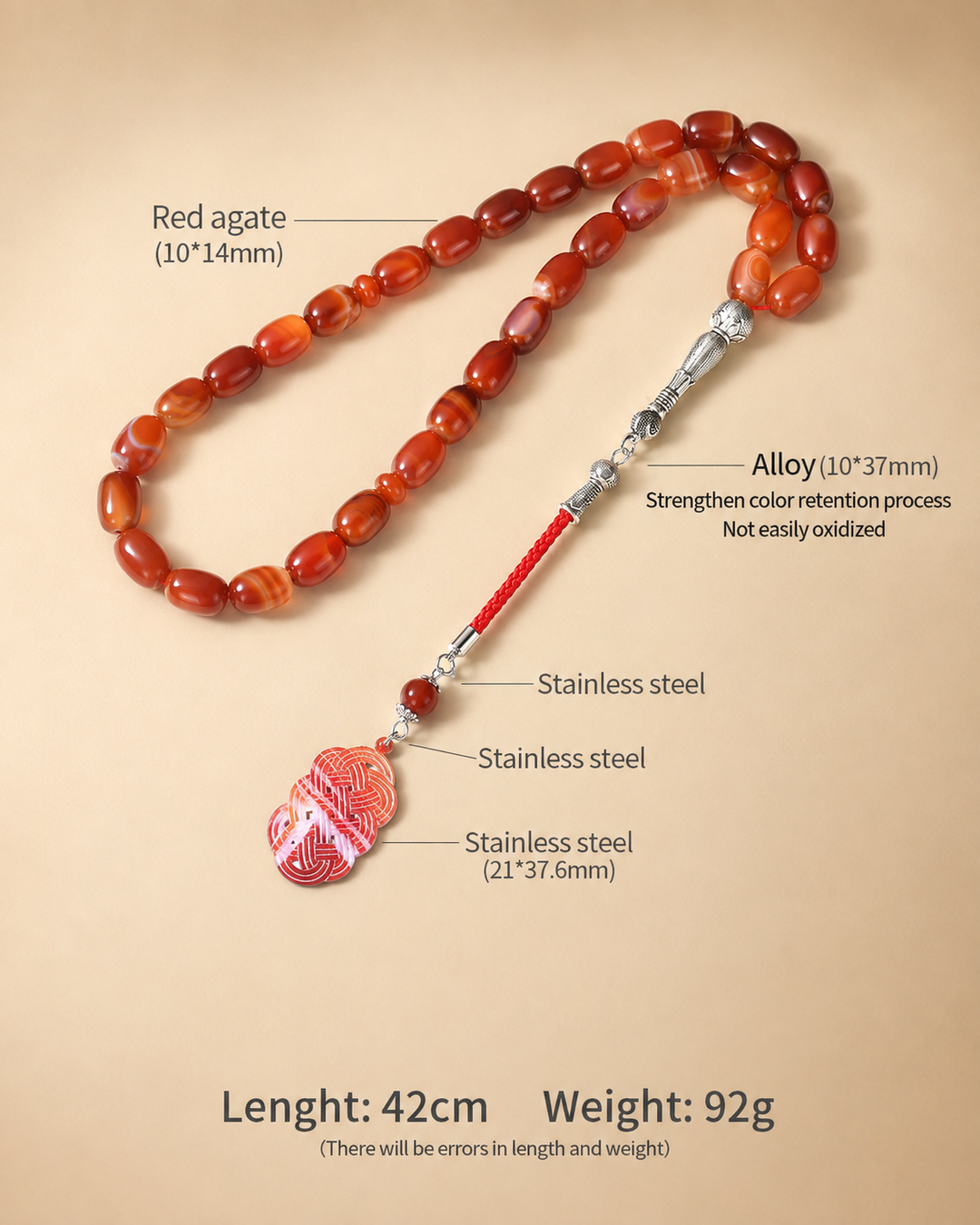 Red Agate Tasbih – 10×14mm | 33 Beads