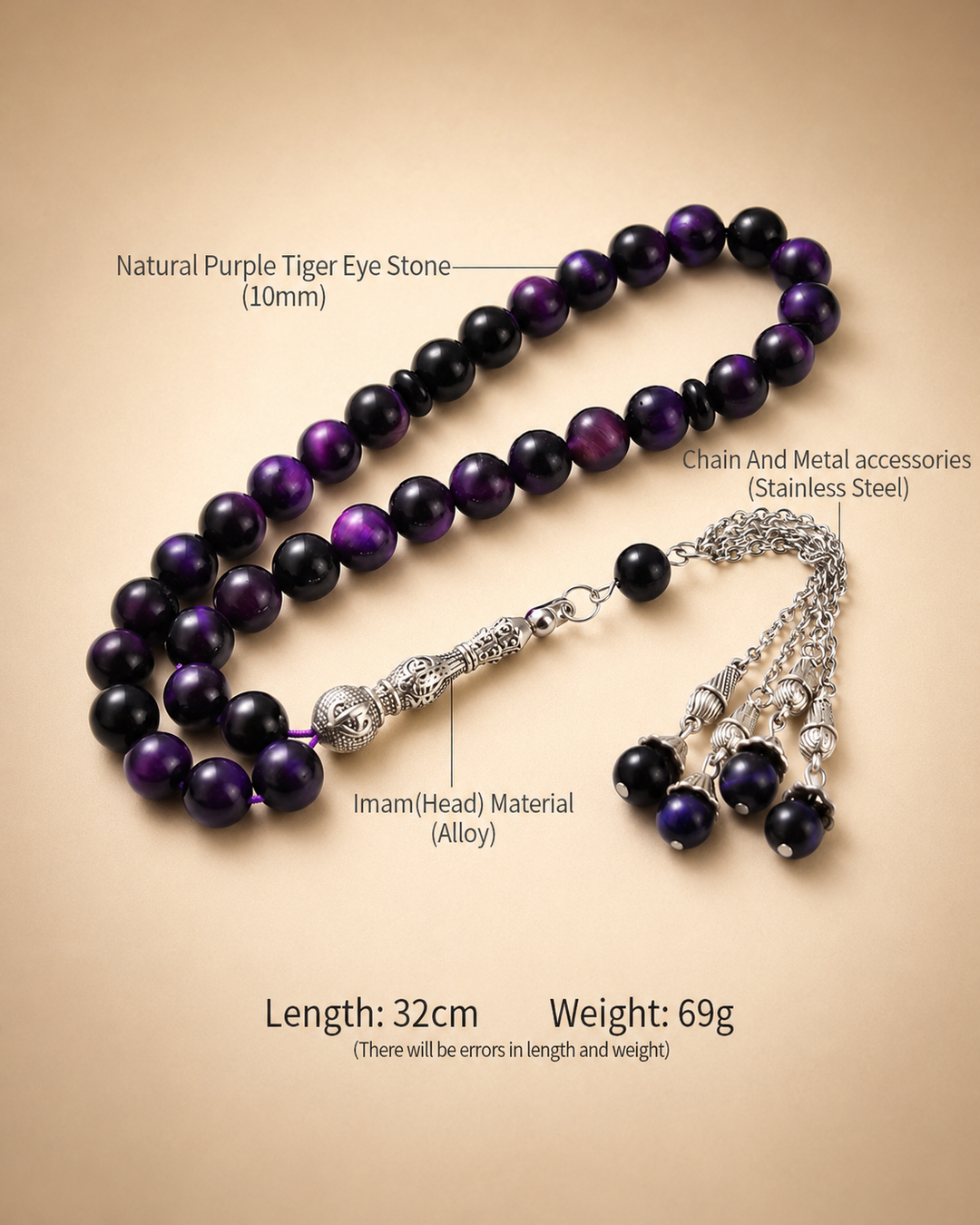 Natural Purple Tiger Eye Stone Tasbih